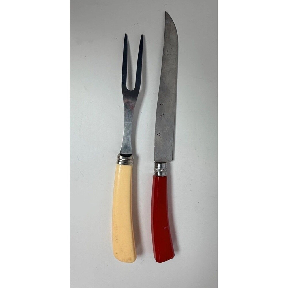 Vintage 2  Piece Carving Set with Red Bakelite and Cream Celluloid Handle